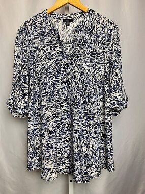 Cocomo Woman Plus Size Abstract Print V-Neckline Blouse w/ 3/4 Roll Tab Sleeves
